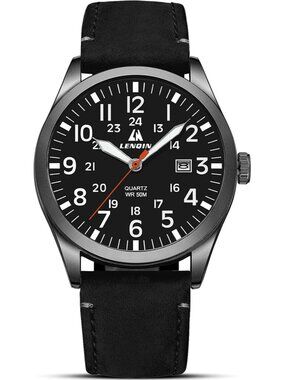 LN LENQIN Men's Black Military Analog Quartz Waterproof Wrist Leather Band Watch